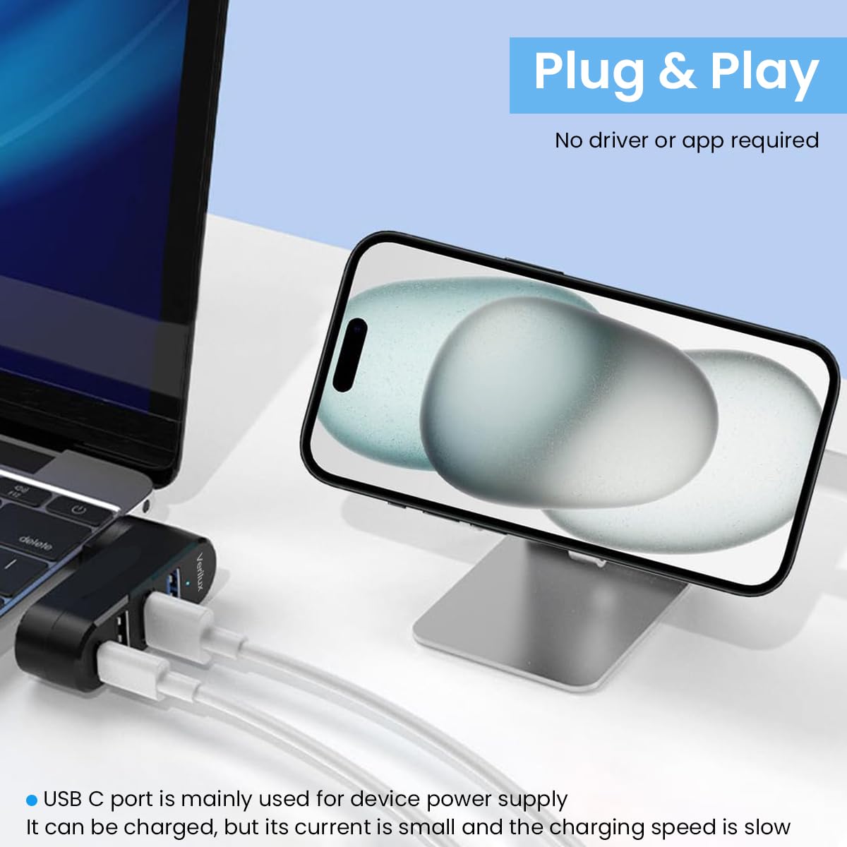 Verilux USB Hub 3.0 for Laptop and PC with 4 in 1 Ports Featuring 90 180 Rotatable Plug | Type C PD Charging