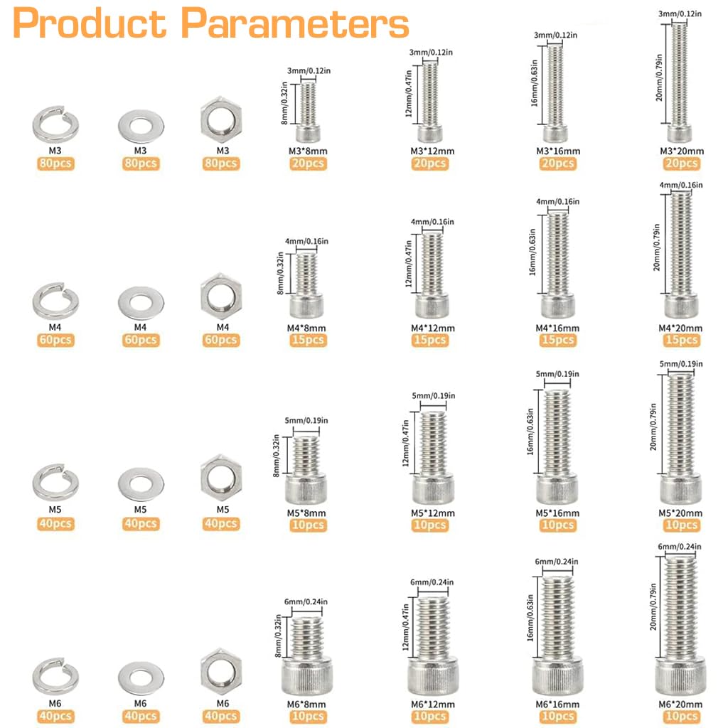 Serplex® 890Pcs M6 M5 M4 M3 Metric Screw Assortment, Metric Bolts and Nuts Kit with Lock&Flat washers, Wrenches 304 Stainless Steel Hex Head Metric Screws Assortment Set