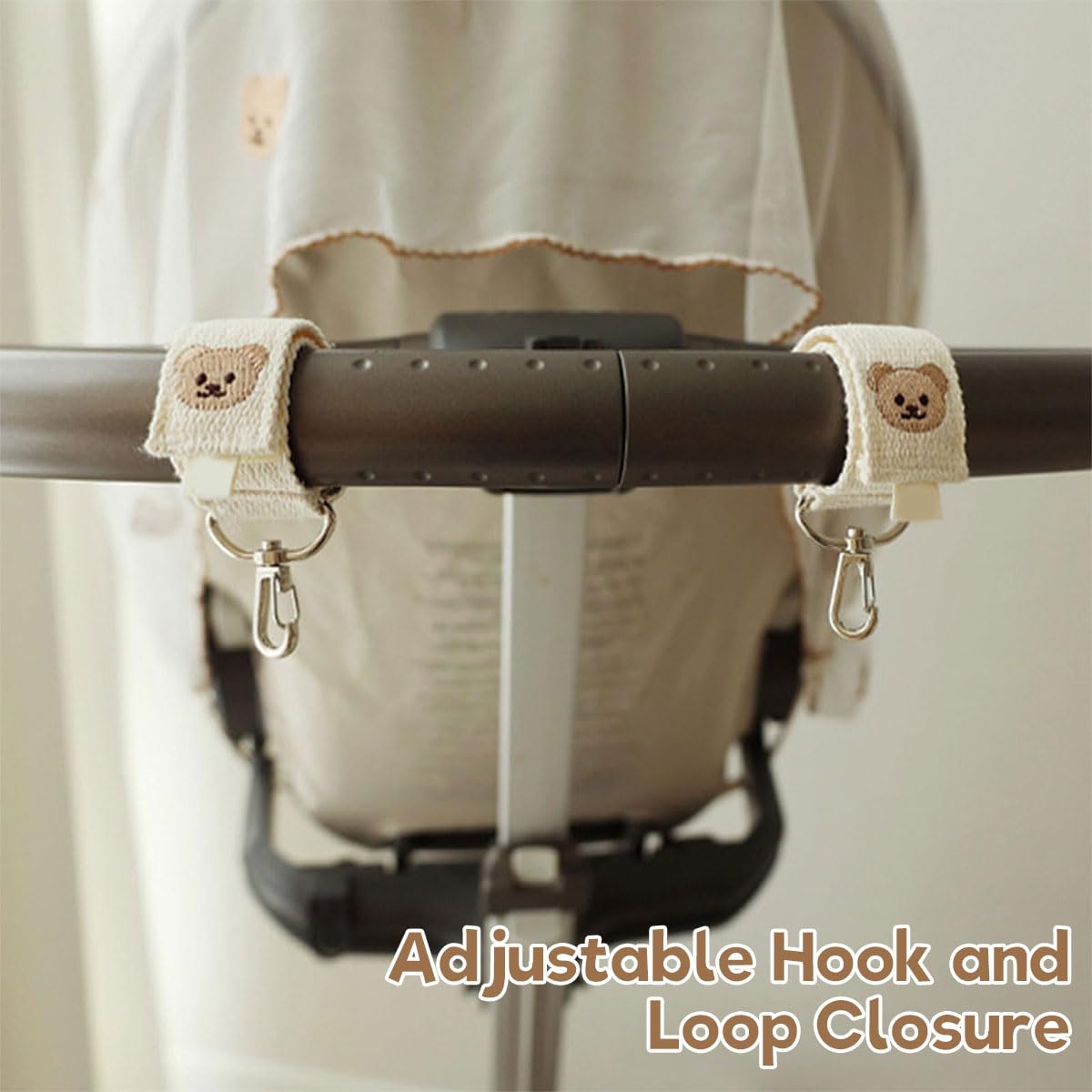 SNOWIE SOFT Baby Stroller Hooks 2 Pack with Metal Carabiner and Adjustable Cotton Straps | White Bear Design for Bags and Diapers