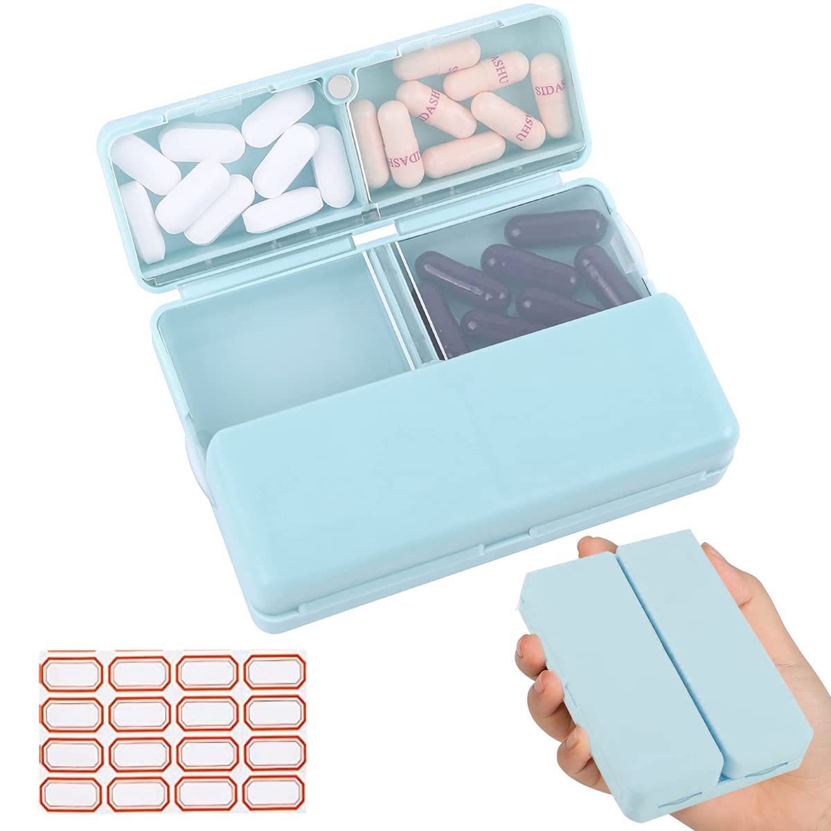 HANNEA® Daily Pill Organizer, 7 Compartments Portable Pill Case Travel Pill Organizer, Folding Design Pill Box for Purse Pocket to Hold Vitamins,Cod Liver Oil,Supplements and Medication, Blue