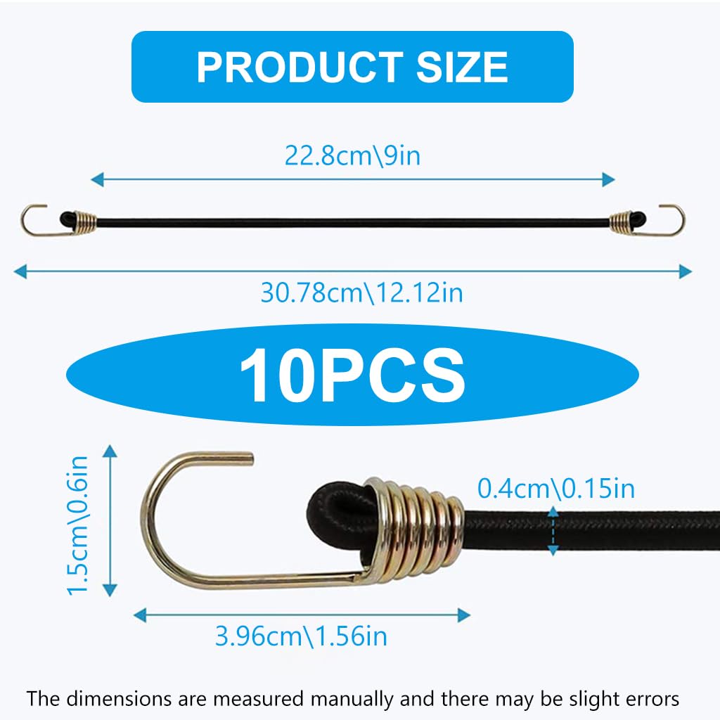 HASTHIP Bungee Cords for Outdoor and Camping with Anti Break Hooks 10 Pack 12 in Black Latex