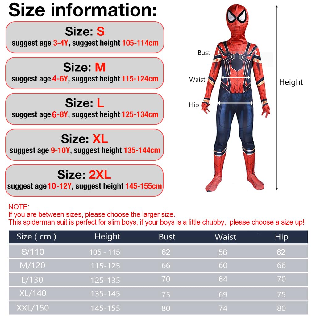 FANCYKU® Spandex Spiderman Dress For Kids, 3D Prints Spiderman Costume, Breathablet, Super Hero Fancy Spider-Man Bodysuits For 7-9 Years Boys Girls Gift Party Halloween (Xl),Red