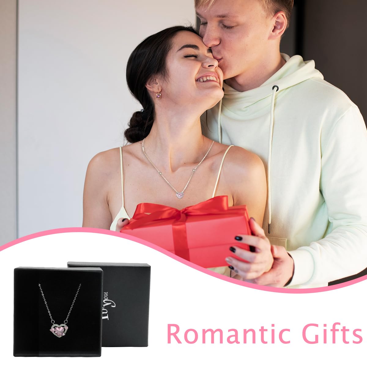 Zibuyu Necklace for Women with Pink Heart Pendant and Rhinestone Inlay | Gift Box Set