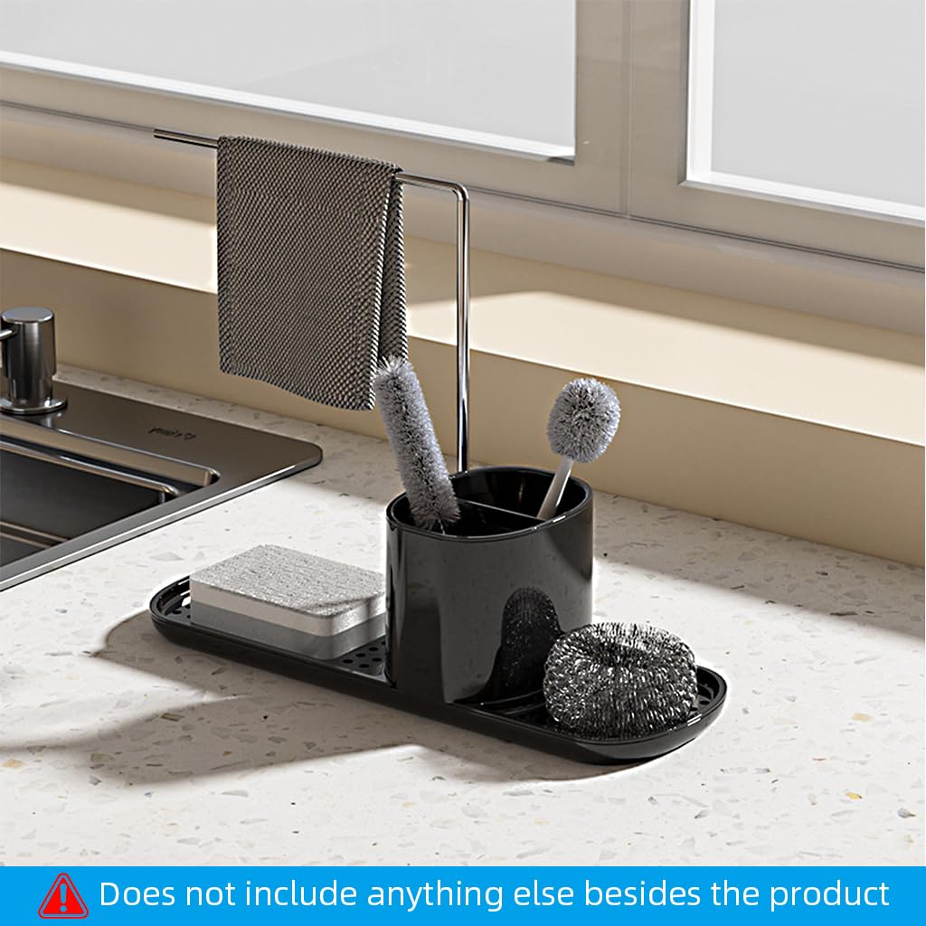 Supvox Kitchen Sponge Holder for Sink with Dual Draining Compartments and Towel Rack | Black Cotton Organizer