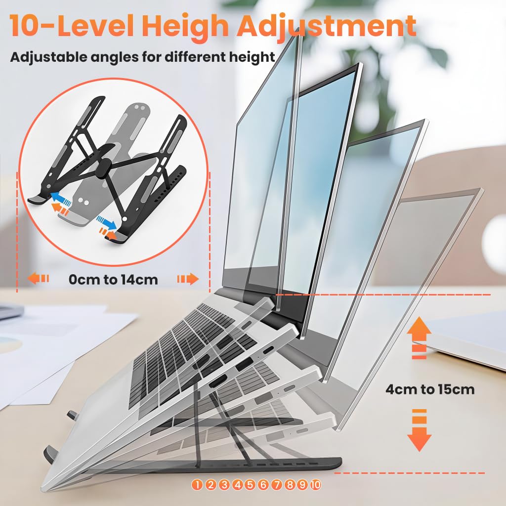 ZORBES Laptop Riser Stand with 10 Height Levels featuring Adjustable Ergonomic Design | Aluminum Alloy Foldable Support for Desk and Office