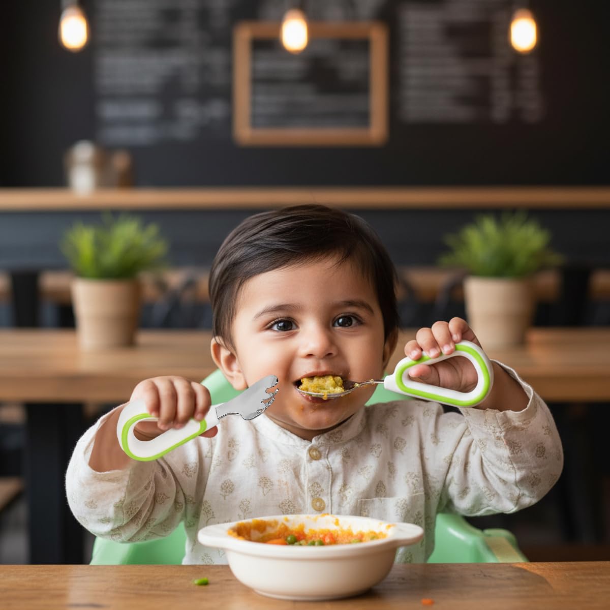 SNOWIE SOFT Toddler Feeding Utensils Set for Self-Feeding with Soft Silicone Loop Handles | 2Pcs Stainless Steel Spoon and Anti-Slip Fork