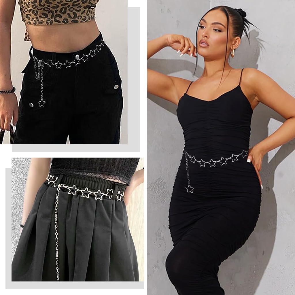 PALAY Waist Chain for Women featuring 63+45cm Adjustable Star Link Design in Silver | Y2K Style