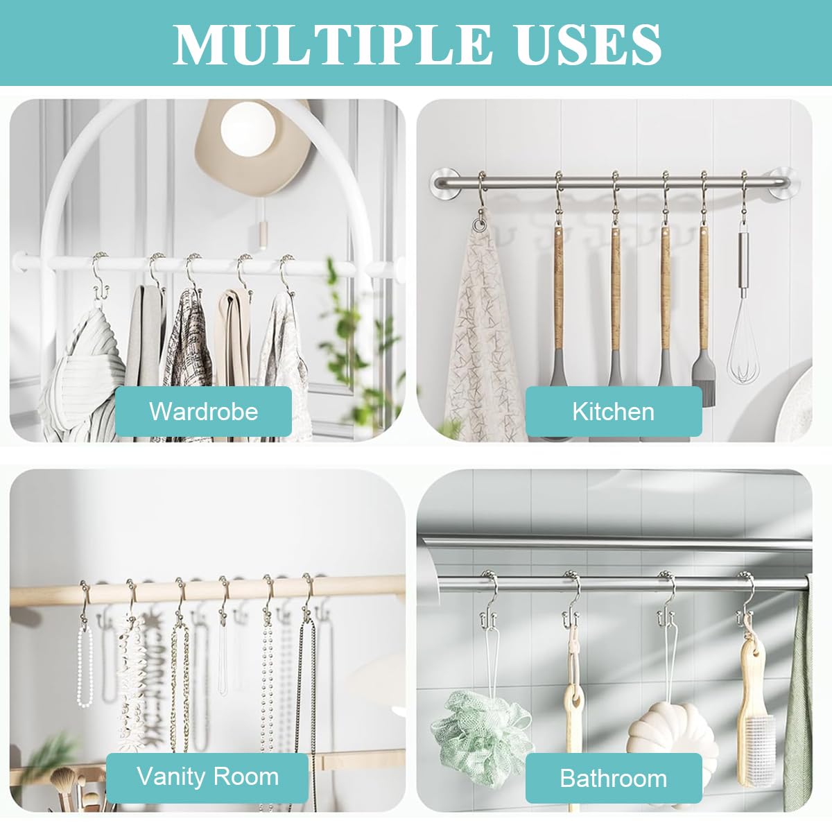 HASTHIP Metal Shower Curtain Hooks for Bathroom with Double Hook Design and Roller Gliders | 12PCS Silver Set