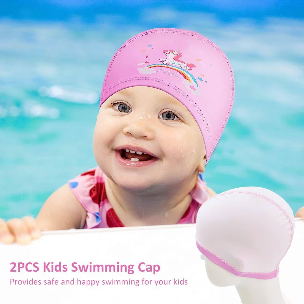 ZIBUYU® Swimming Cap for Girls Waterproof PU Fabric Cute Cartoon Printed Swimming Pool Cap for Girls Speedo Swim Cap for Girl Kids, (02-12 Year) - Pink