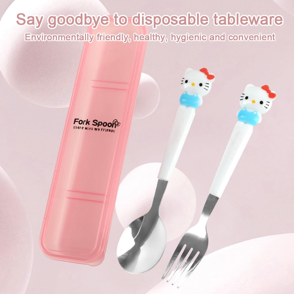 Supvox Cute Kitty Charm Spoon & Fork Combo Set for Kids and Adults 7.87 in | Stainless Steel with Storage Case