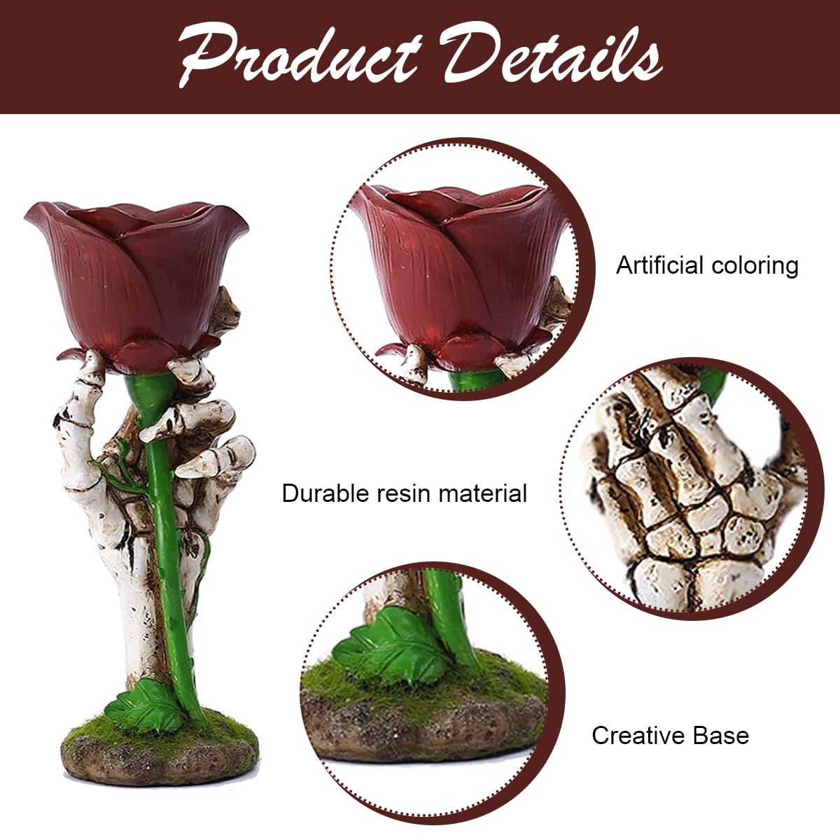 HASTHIP Halloween Candle Holder for Home Decor featuring Skeleton Hand and Rose 7.3x7.2x18.5cm | Gothic Romantic Resin Candle Stand