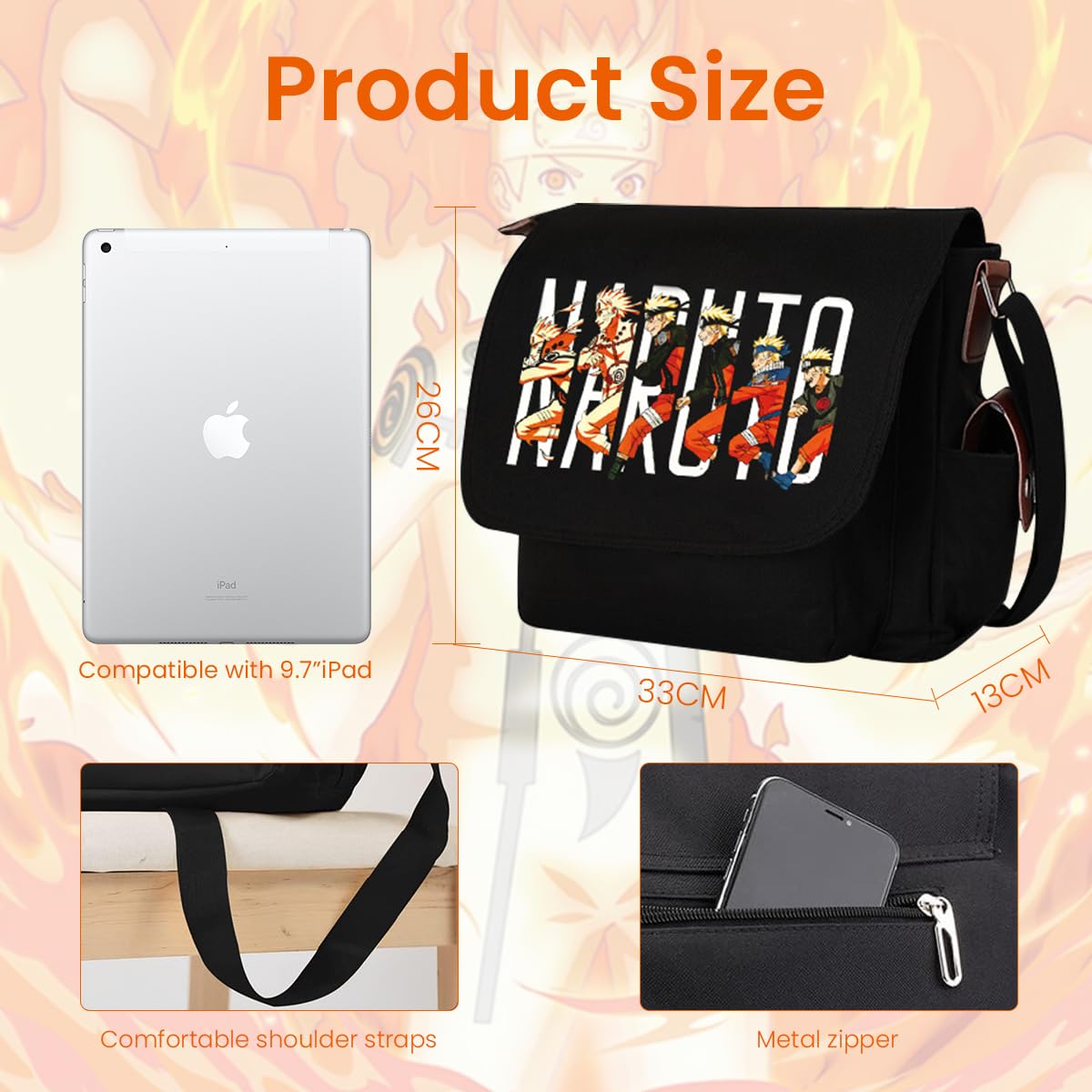 Fancyku Naruto Anime Sling Bag for Travel and Daily Use with Multiple Pockets 33x13x26cm | Canvas Messenger Bag for Men and Women