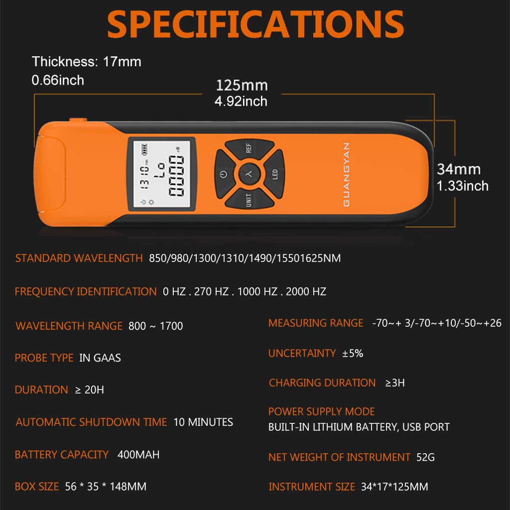 Serplex® Optic Power Meter, USB Rechargeable -70~+10 dBm Optical Fiber Meter with LED Flashlight, Fiber Light Meter for Testing 7 Calibrated Wavelengths, Compatible with SC, FC, ST Interface