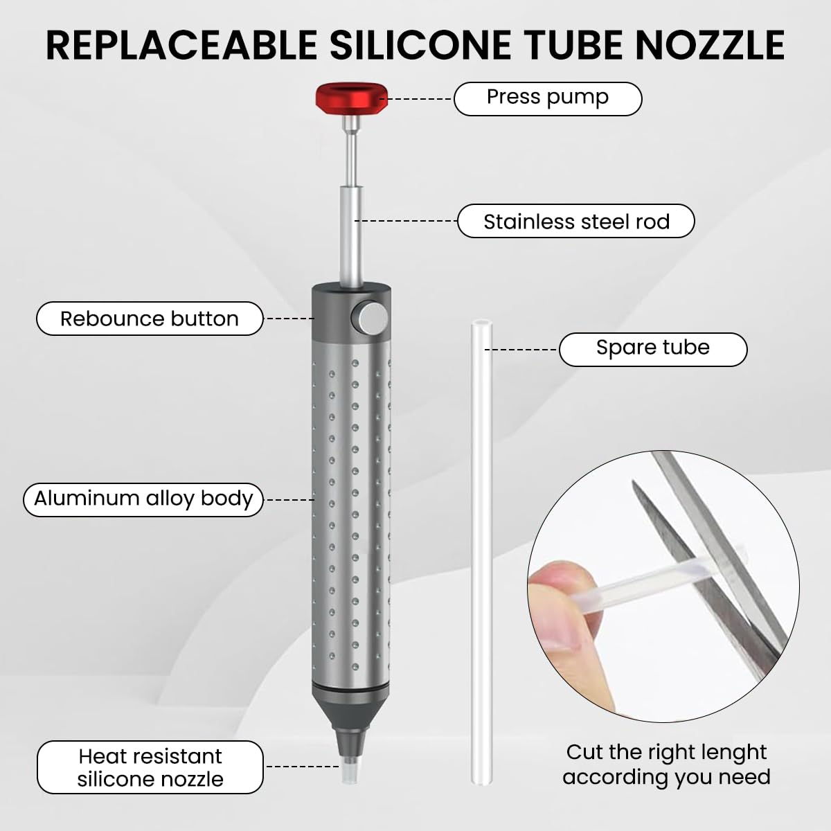 Serplex® Solder Sucker Tool with 2Pcs Cuttable Silicone Nozzle Tubes Aluminum Alloy Solder Sucker Sold Removal Tool Manual Vacuum Suction Heat-Resistant Silicone Nozzle Soldering Iron Supplies