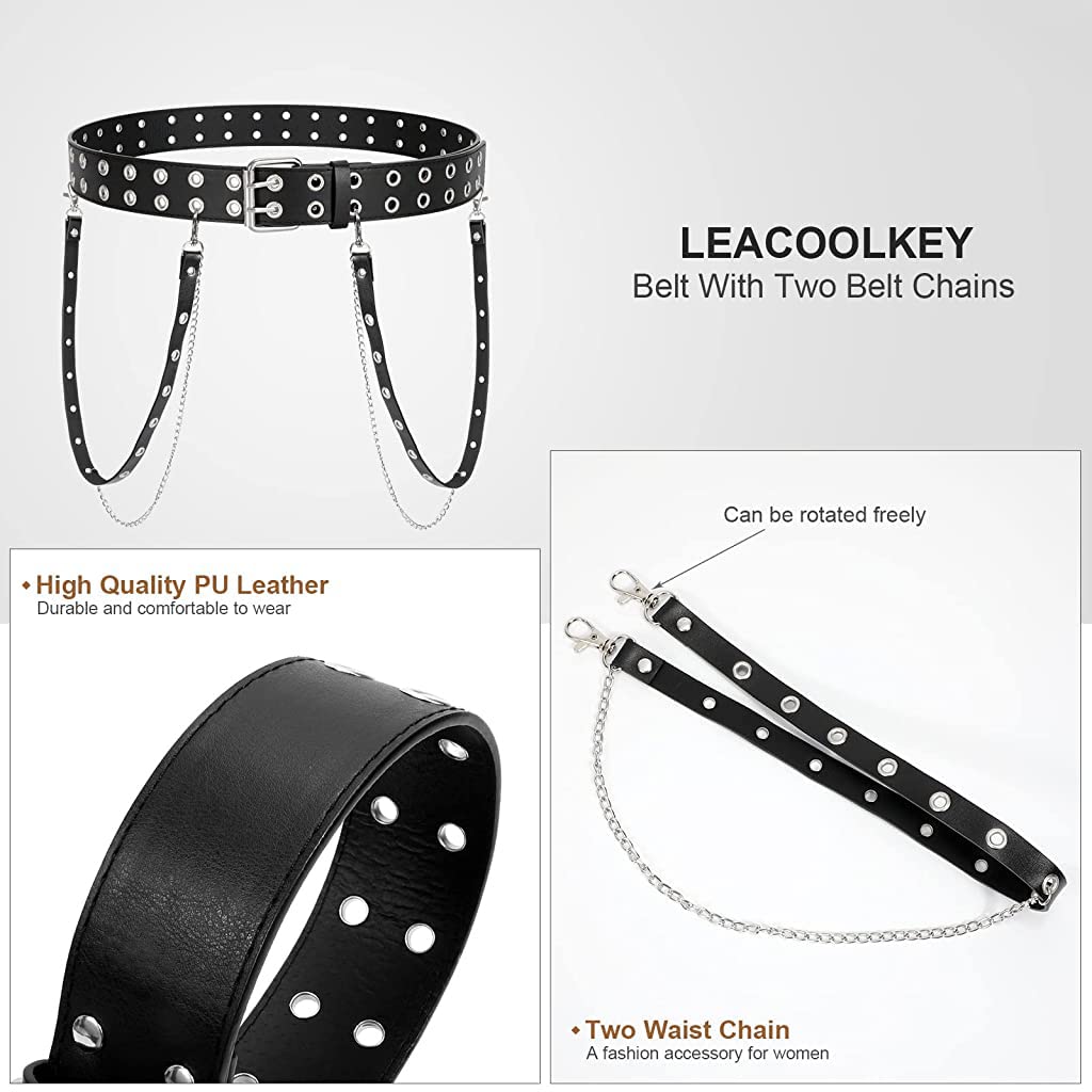 PALAY® PU Leather Punk Belt with Chain Double Grommet Belt for Women Black Waist Belt with Metal Chain Double Prong Belt for Jeans Pants