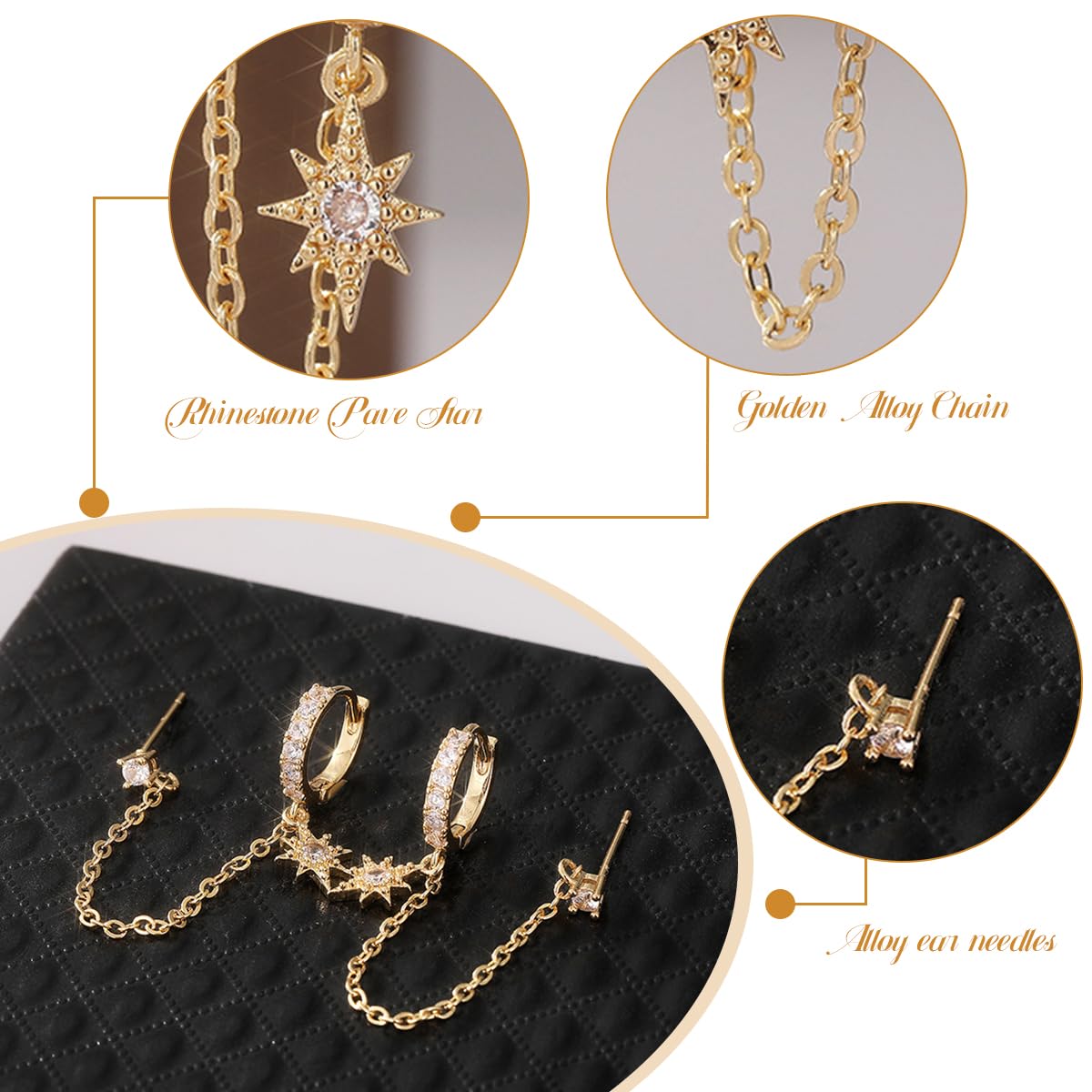 SANNIDHI Earrings for Women featuring 8-Pointed Star Pendants and Dangle Chain Design | Gold Plated Copper Stud Hoop Style