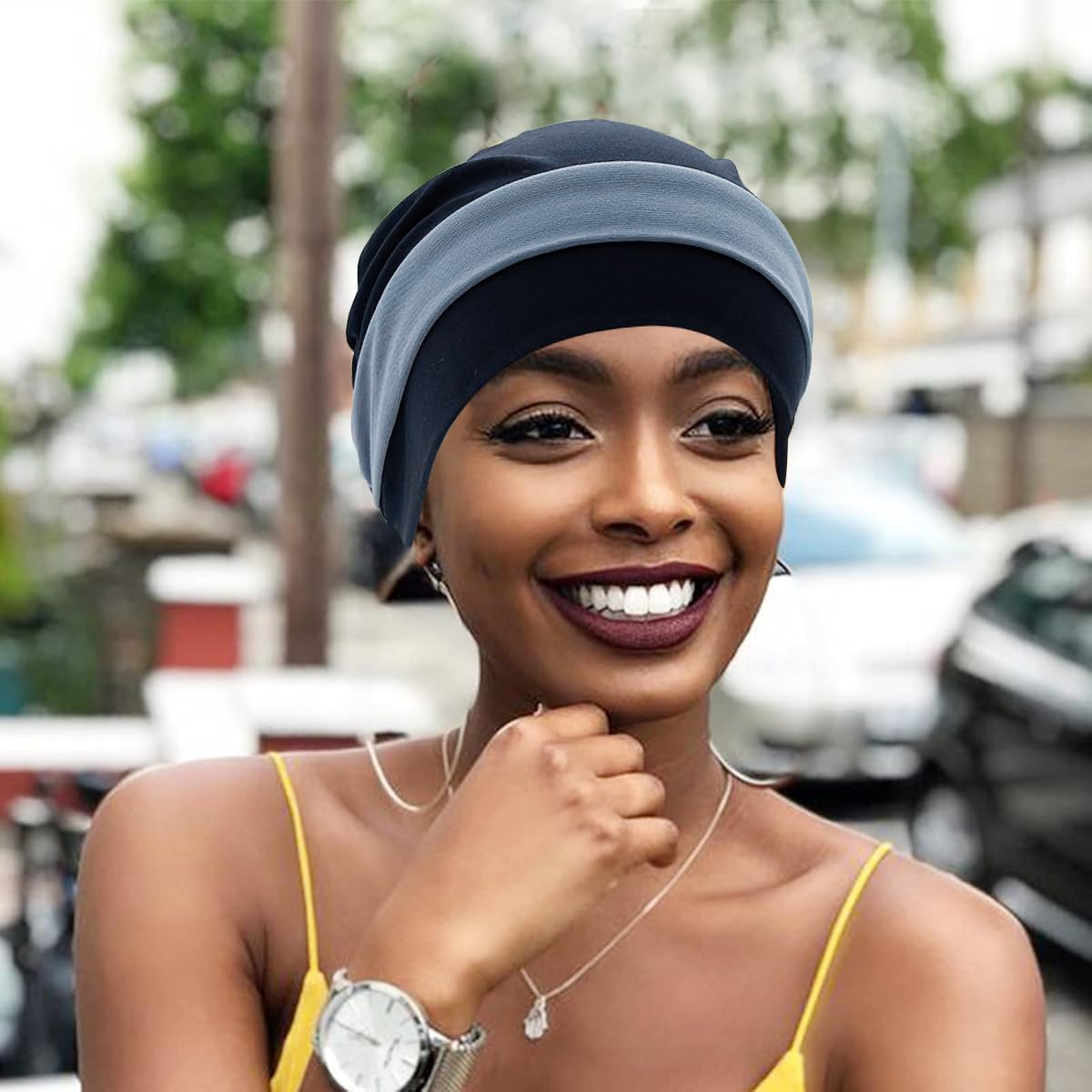 SANNIDHI Chemo Caps for Women with Elastic Fit 22–23 in featuring Floral Detail | Navy Blue Turban