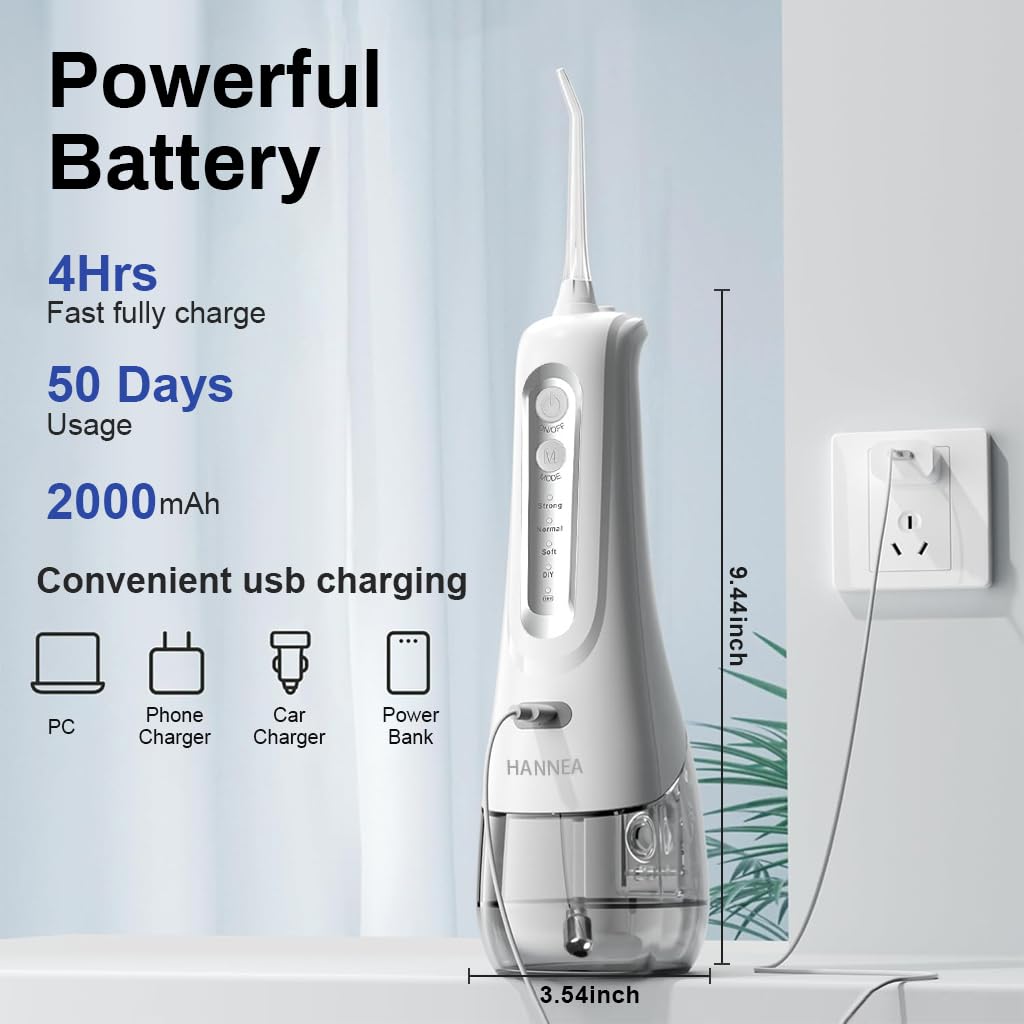 HANNEA Water Dental Flosser for Teeth with 300ml Detachable Tank and 6 Nozzles | Rechargeable IPX7 Waterproof Oral Irrigator