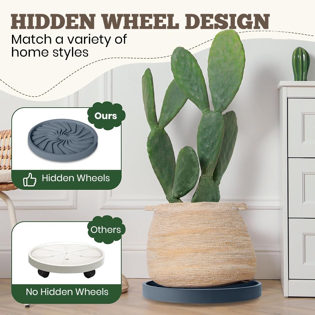 HASTHIP Plant Pot Stand for Indoor & Outdoor Use with 360° Wheels and Spiral Ridged Tray | 37 cm Grey PP Caddy