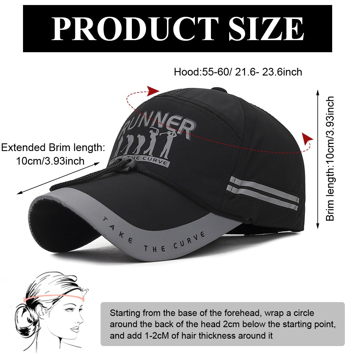 GUSTAVE Sport Baseball Cap for Running and Outdoor Use with 10.5 cm Visor and Chin Cord | Black Unisex UPF50+ Adjustable Hat