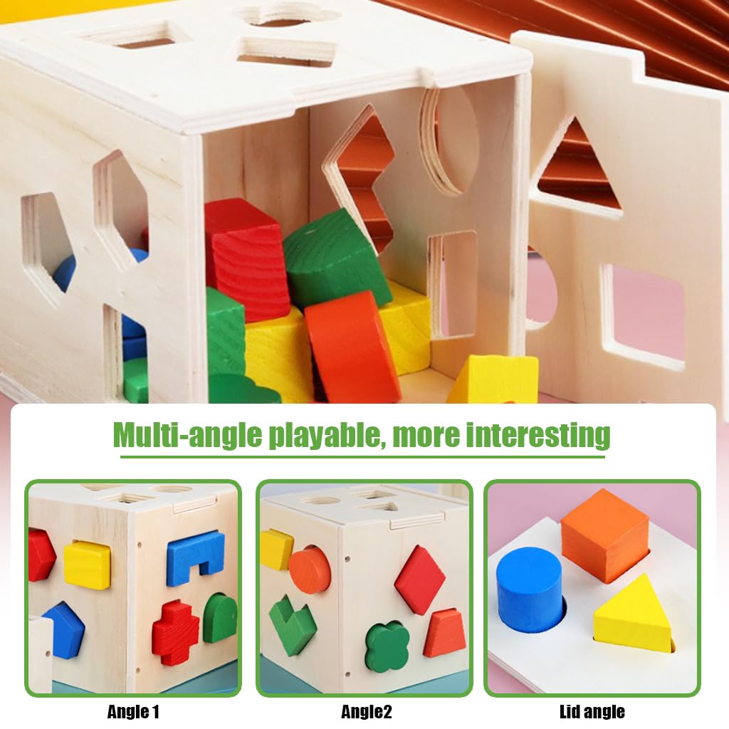 PATPAT Montessori Toy for Kids with 15 Colorful Shapes and Open Lid Wooden Cube | Fine Motor Skill Gift for Ages 2–5