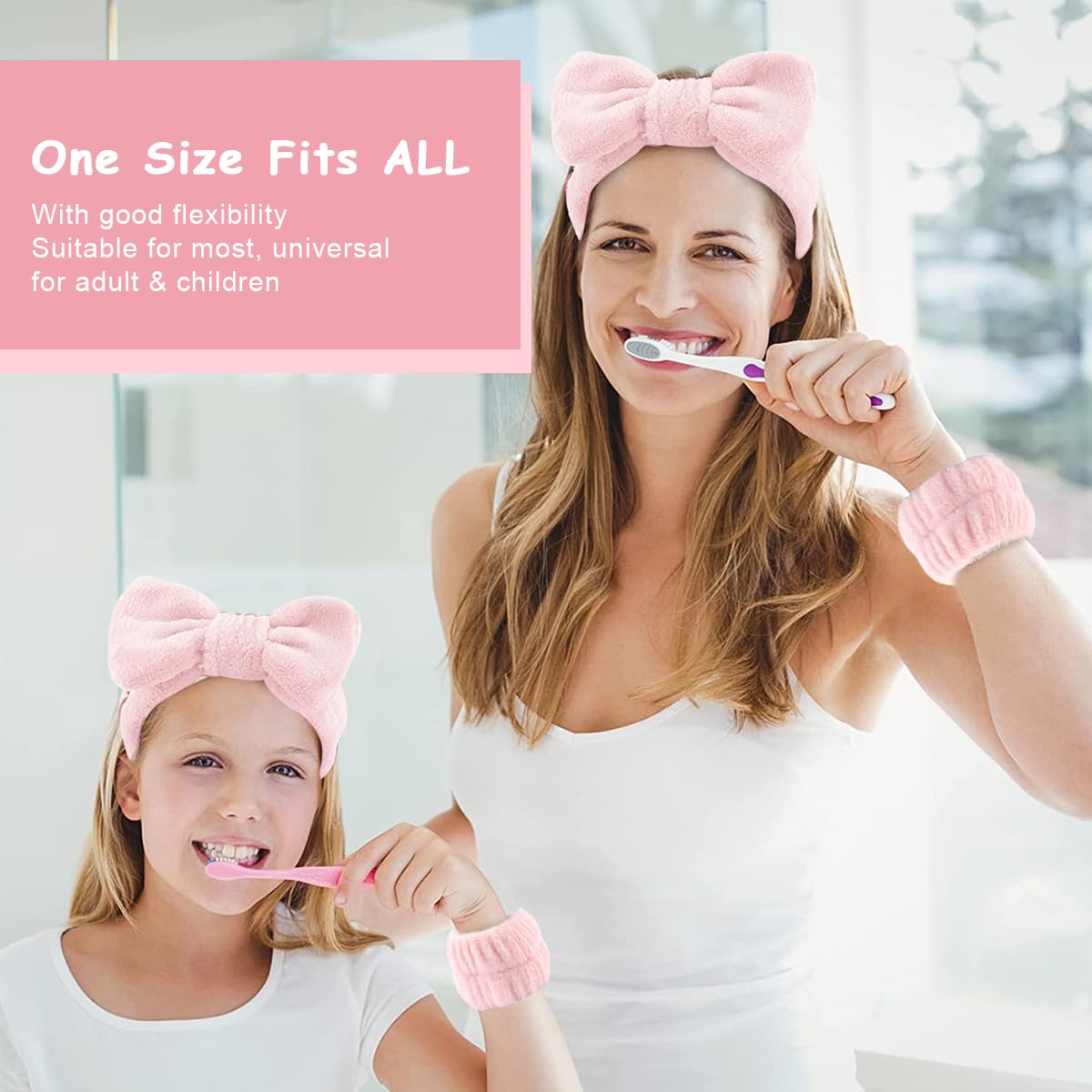 MAYCREATE Face Wash Headband Set for Spa and Makeup with Bowknot Flannel | Pink 2 PCS