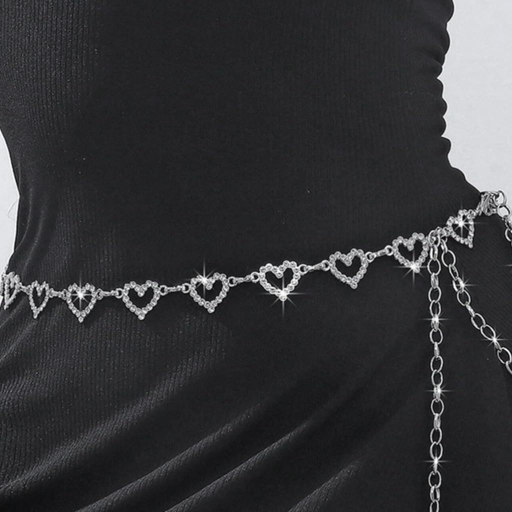 SANNIDHI Waist Chain for Women featuring Rhinestone Heart Links in Silver Alloy | Adjustable Belt for Dresses, Jeans and Skirts