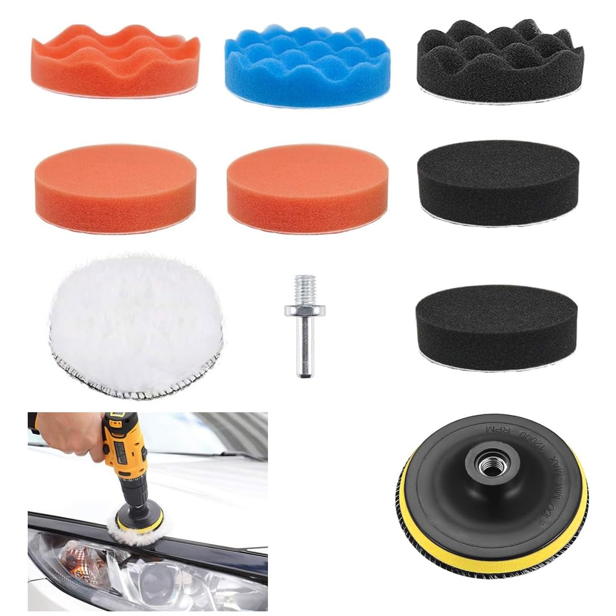 STHIRA® 4 Inches Car Polishing Pads Set with 7Pcs Sponge Polishing Pads, 1 Wool Buffing Pad & Backing Plate All-in-One Polishing Pads for Polishing, Finishing, Waxing, Detailing