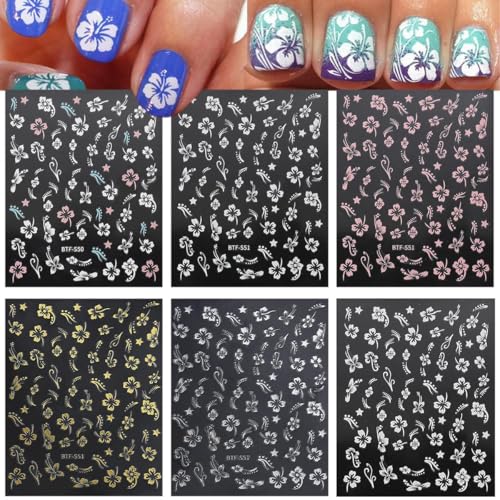 MAYCREATE 6Pcs Hibiscus Flower Nail Stickers, Nail Decals 3D Self-Adhesive Flower Pattern Summer Hibiscus Nail Design French Tip Nail Stickers Summer DIY Nail Decoration for Women