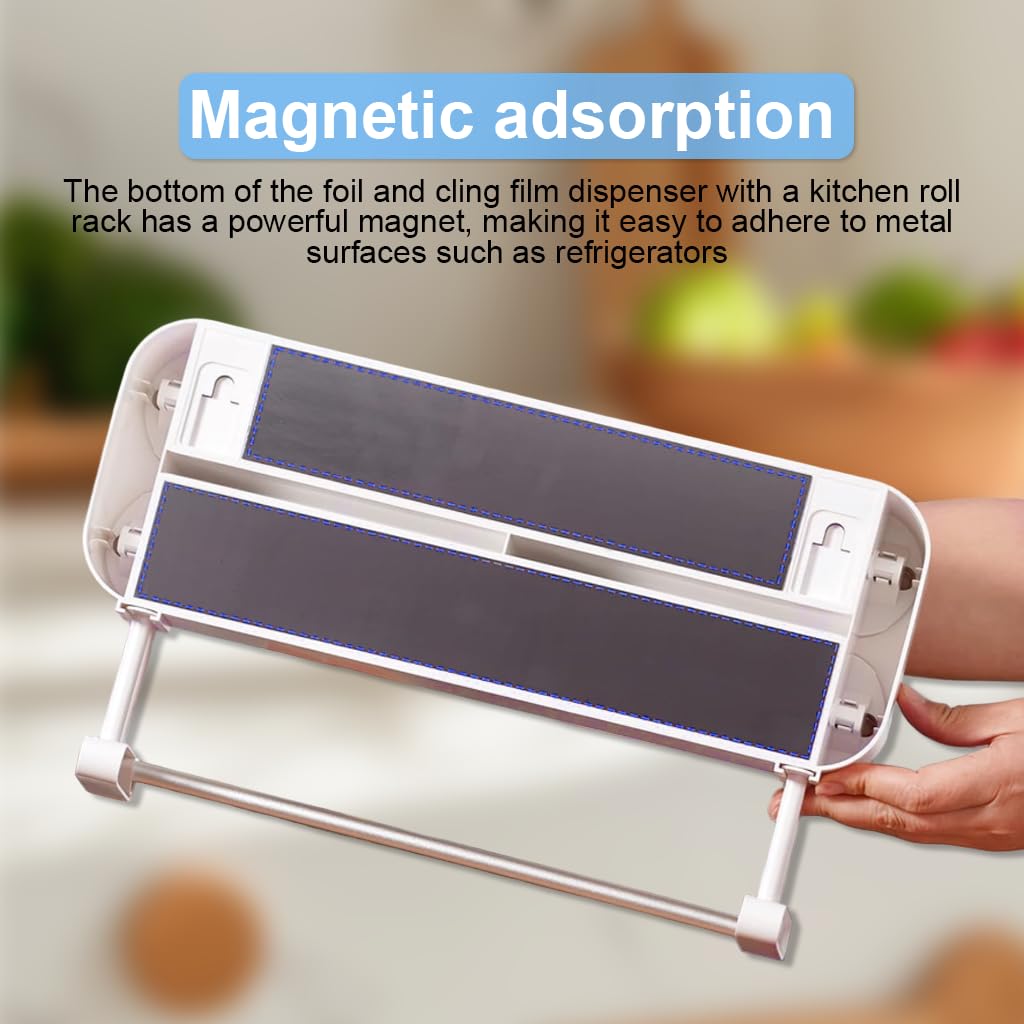 HASTHIP Magnetic Food Wrap Dispenser with Dual Hidden Blades and Sliding Cutter | White 3 in 1 Foil Paper Holder for Cling Film Tin Foil and Wax Paper