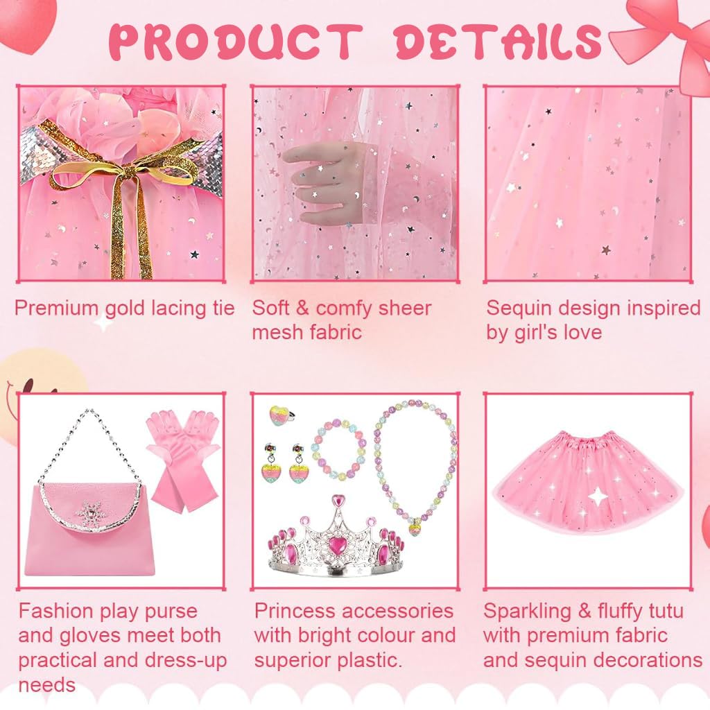 PATPAT® Princess Dress Up Costume for Girls Pink Dreamy Lace Cape Skirt with Beaded Jewelry, Fairy Wand, Gloves, Bag, Princess Cosplay Halloween Princess Dress Up Set Birthday Gift for 3-8 Years Old