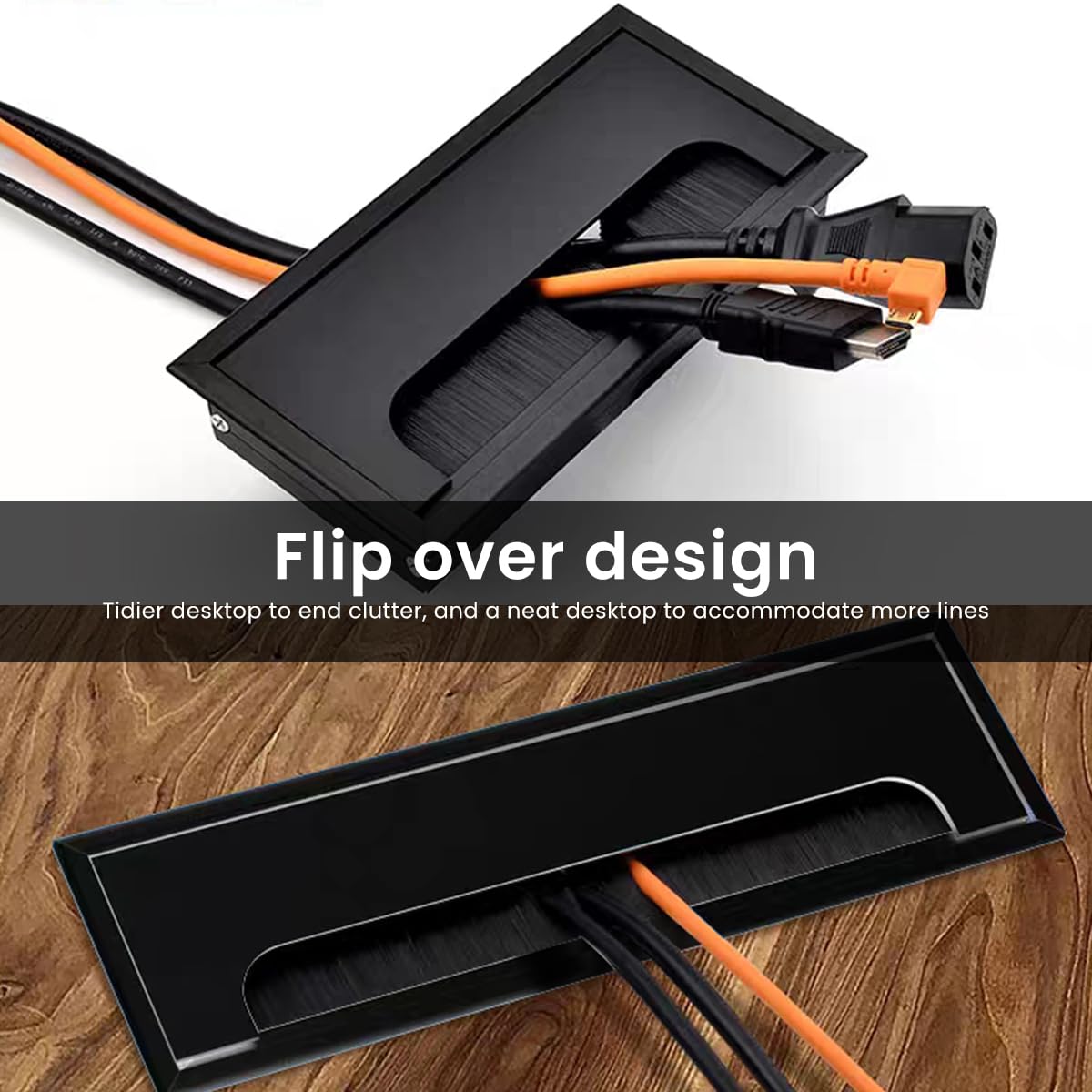 ZIBUYU Rectangular Cable Hole Cover for Office Desk with Dust Proof Brush Grommet 80x160mm Black Aluminum Alloy