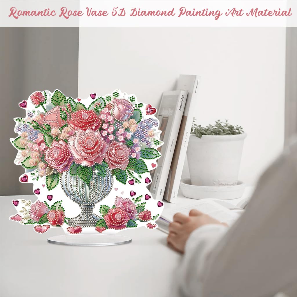 HASTHIP® DIY Diamond Desktop Ornament Special Shaped Crystal Rose Bouquet Diamond Art Painting Acrylic Tabletop Ornaments Single Sided Diamond Home Decor, Gift DIY 5D Diamond Painting Art Kit