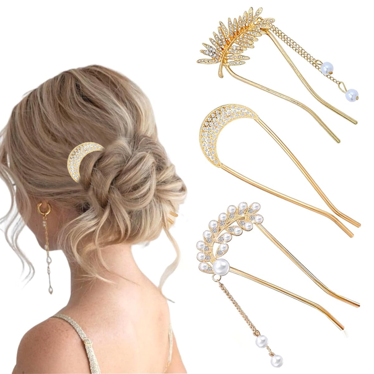 MAYCREATE Hair Bun Maker U Pins Set of 3 with Rhinestone Tassels for Women | Elegant Metal Hair Accessories Gift