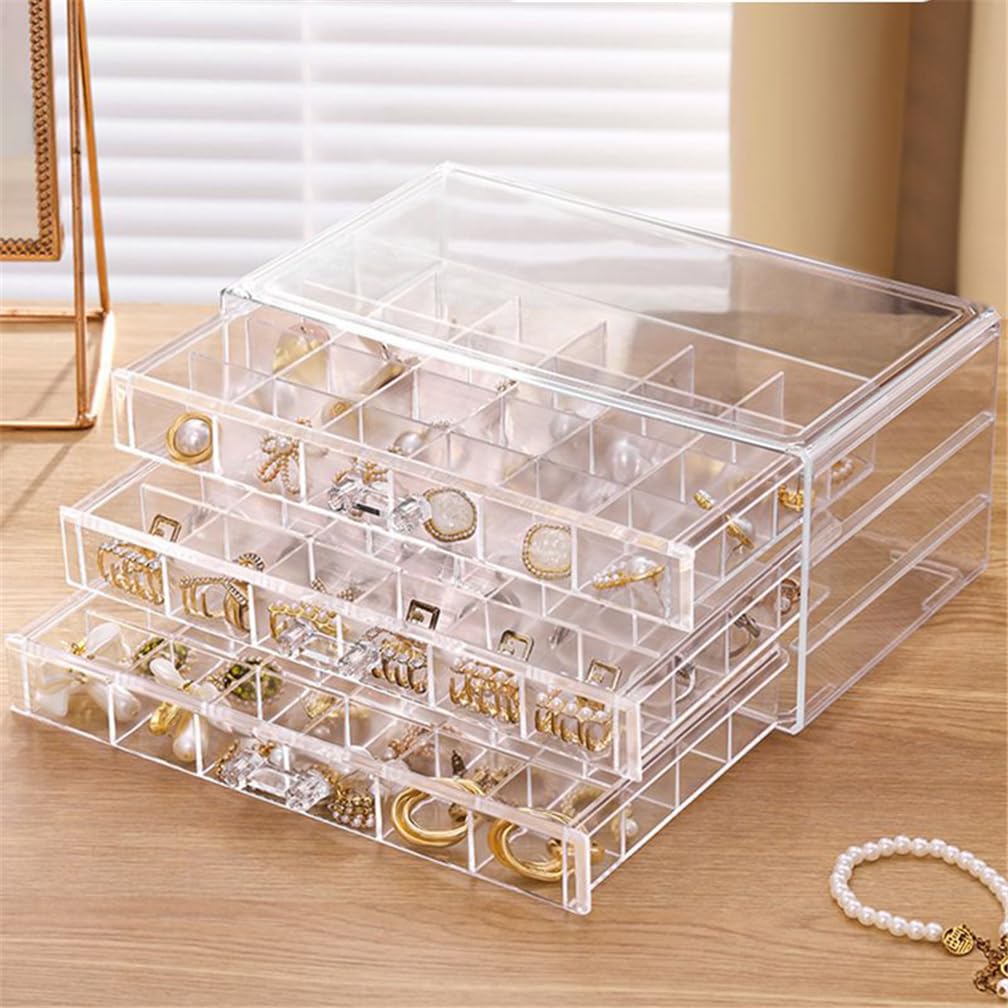 HASTHIP® Jewelry Organizer Box,72-Compartment Stepped Triple-tier Clear Acrylic Jewelry Organizer Box,Pull Out Design Dainty Storage Case for Earring Ear Studs Slim Necklace Valuables