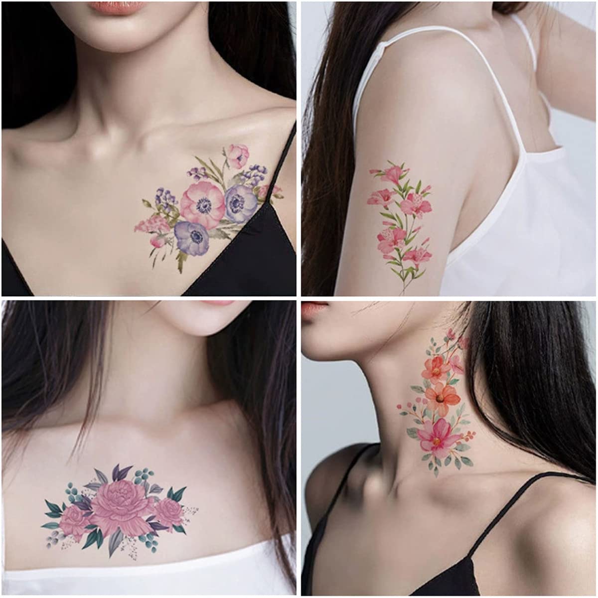 HASTHIP 12 Sheets Waterproof Color Flowers Temporary Assorted Roses Tatto Stickers for Body Tattoos Art