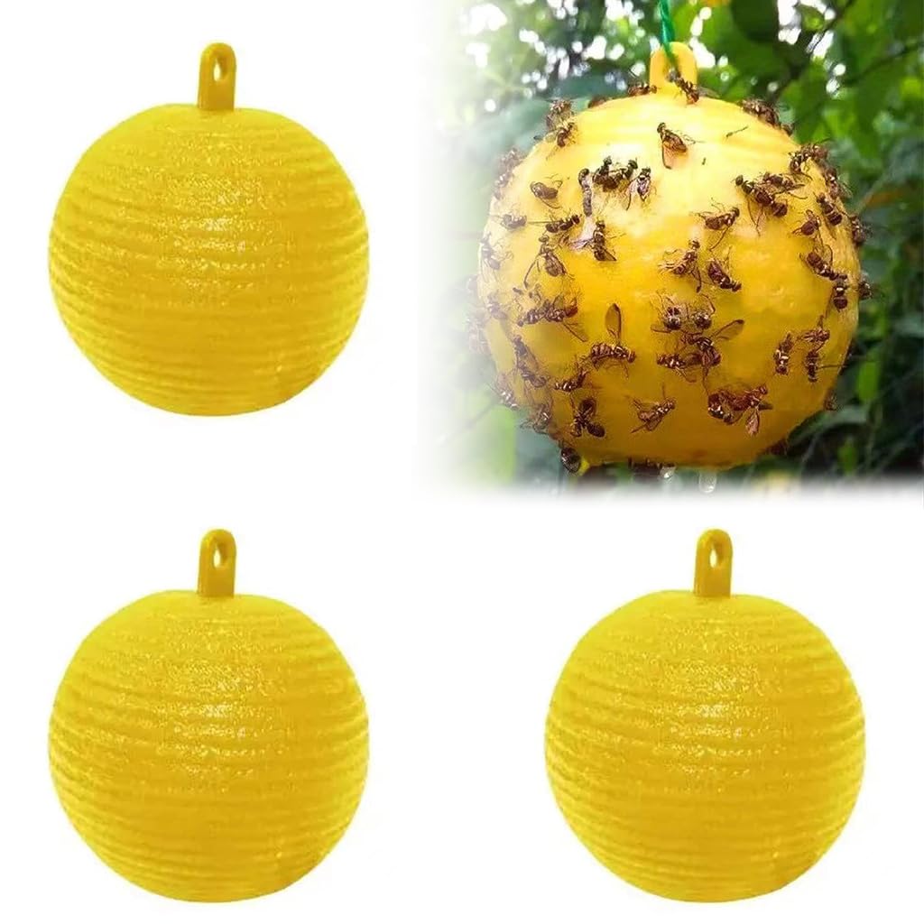 HASTHIP 4Pcs Fruit Fly Trap Sticky Ball Fruit Fly Trapping Ball Hanging Fruit Fly Trapping Ball 3.1 inches Yellow Sticky Fly Trapping Ball for Greenhouse Use, Fruit Tree