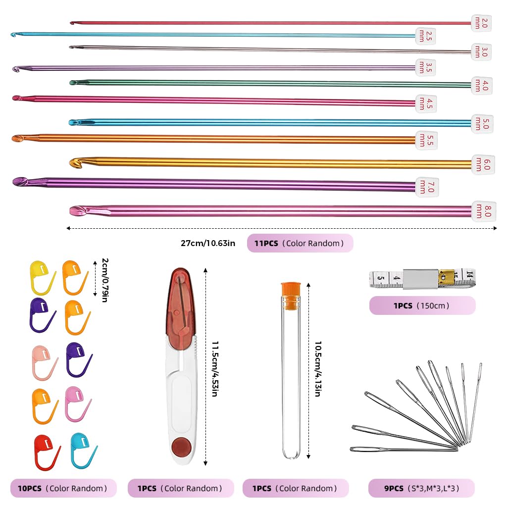 HASTHIP Tunisian Crochet Hooks Set for Afghan Blankets with 11 Sizes 2–8 mm | Aluminum Craft Tools for Beginners