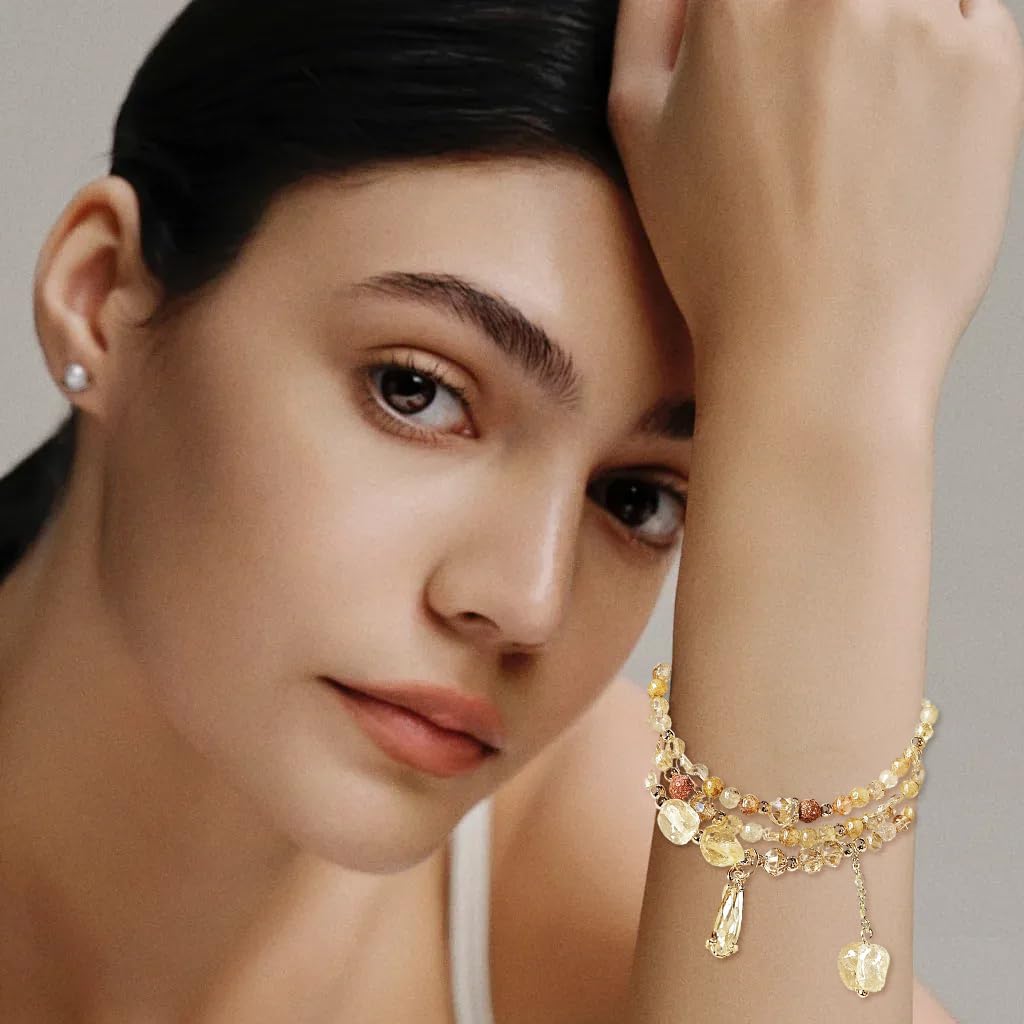 SANNIDHI Citrine Beads Bracelet for Women featuring Triple Layer Design and Adjustable Fit | Symbol of Happiness and Fortune