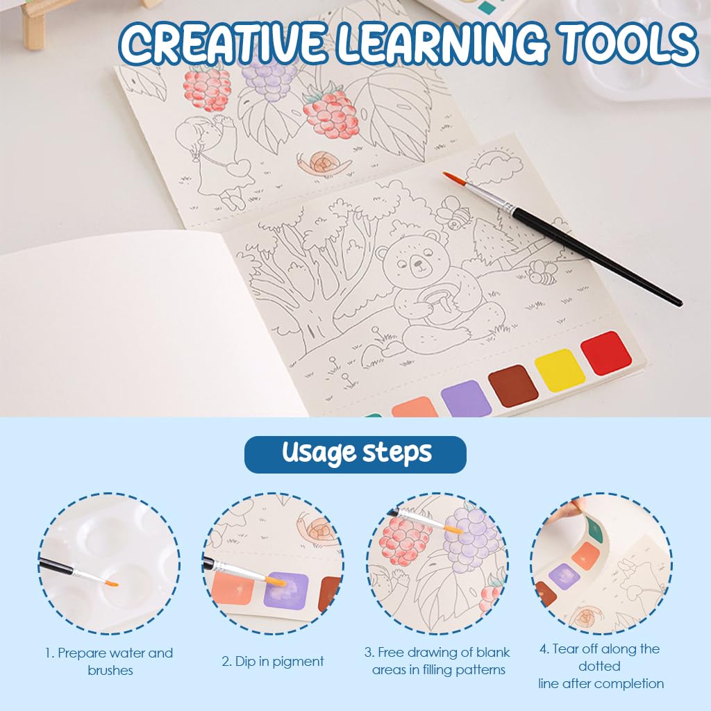 PATPAT Kids Watercolor Painting Book 2Pcs for Creative Learning with Brush and Pigments | Hard Paper Art Set for Children 3 Plus
