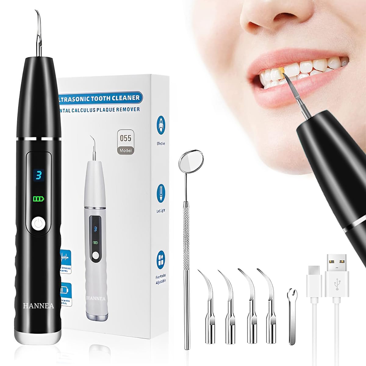 HANNEA Tooth Polisher for Teeth Whitening with 5 Speed Modes and 5 Brush Heads | Rechargeable IPX6 Waterproof Design