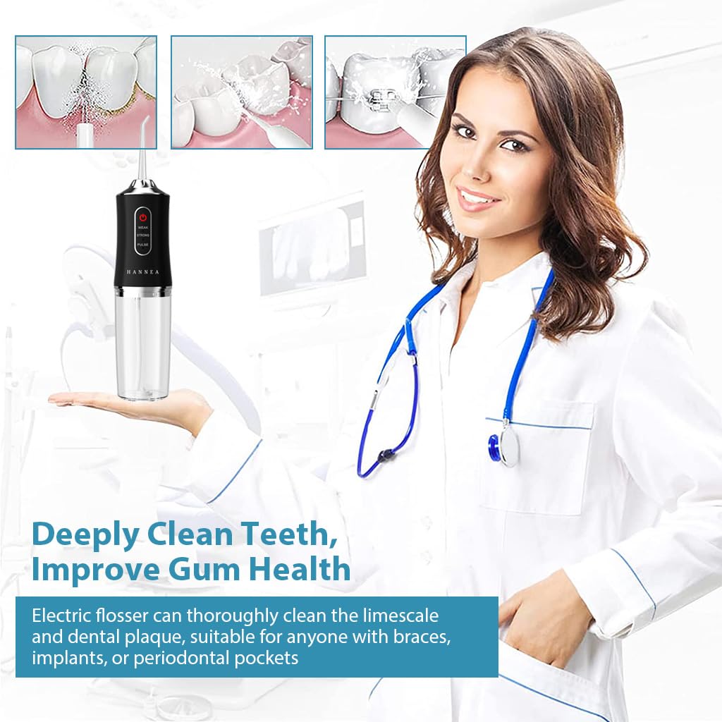 HANNEA Water Dental Flosser for Travel with 220ml Tank and 3 Modes | 4 Nozzles IPX7 Waterproof