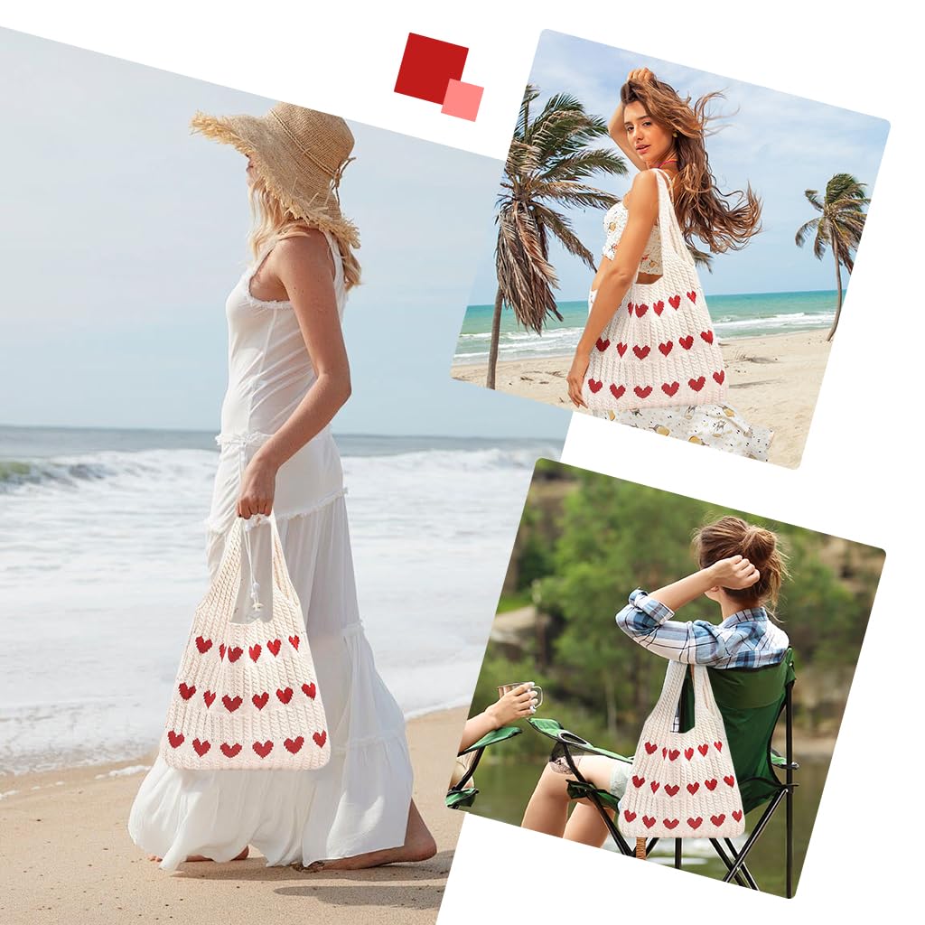 Zibuyu Crochet Heart Tote Bag for Women with Plush Charm and Soft Knit | Beach and Casual Use