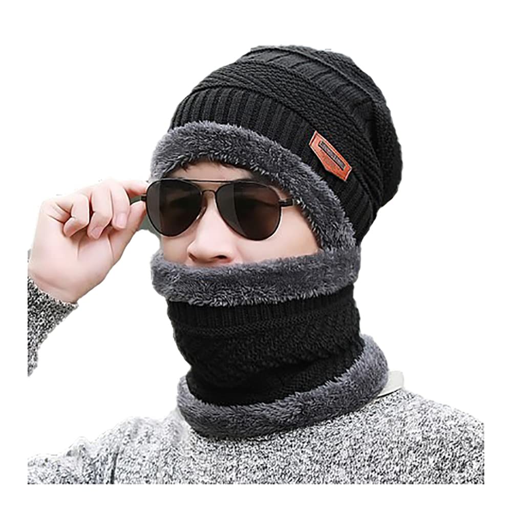 ZIBUYU Winter Hat for Men Women Warm Knitted Hats with Neck Gaiter Knitted Scarf, Warm Winter Hat Scarf Set Beanie Cap Hat Neck Warmer Scarf (black)