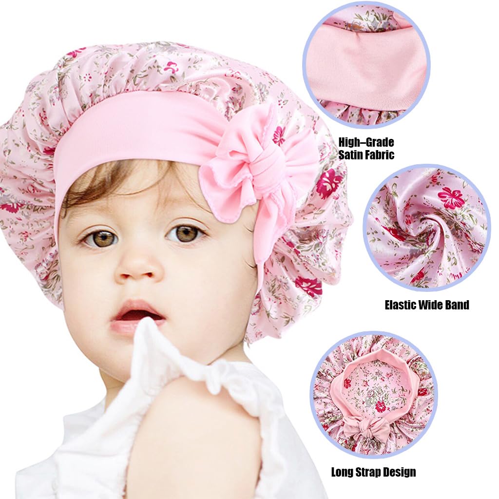 MAYCREATE® 2pcs Kids Silk Bonnet for Hair, Baby Cap Floral Print Satin Hair Bonnet, Elastic Band Soft Silk Hair Cap for Sleeping, Night Hat Shower Cap for Toddlers Child Baby 2-8 Years Old Gift