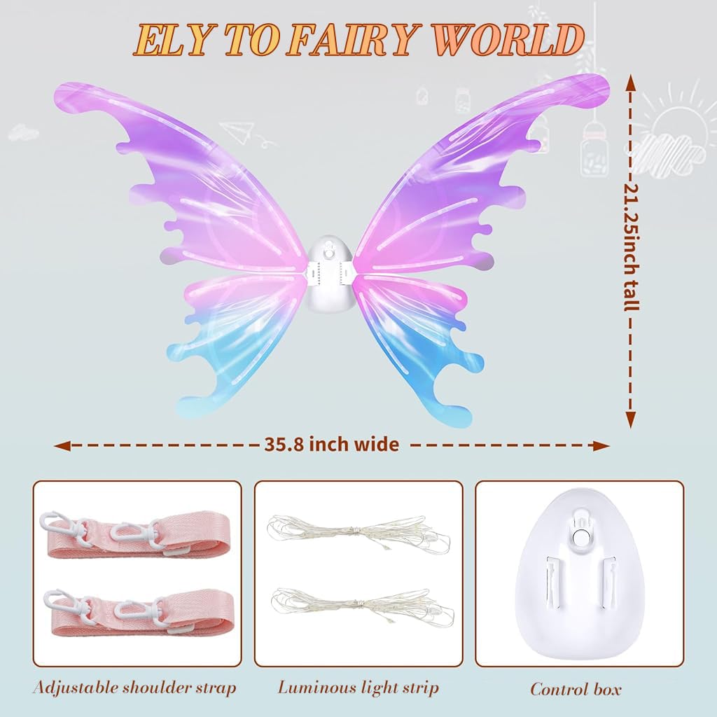 PATPAT Light Up Fairy Butterfly Wings for Parties with Flapping Motion and Music | Girls Costume Accessory
