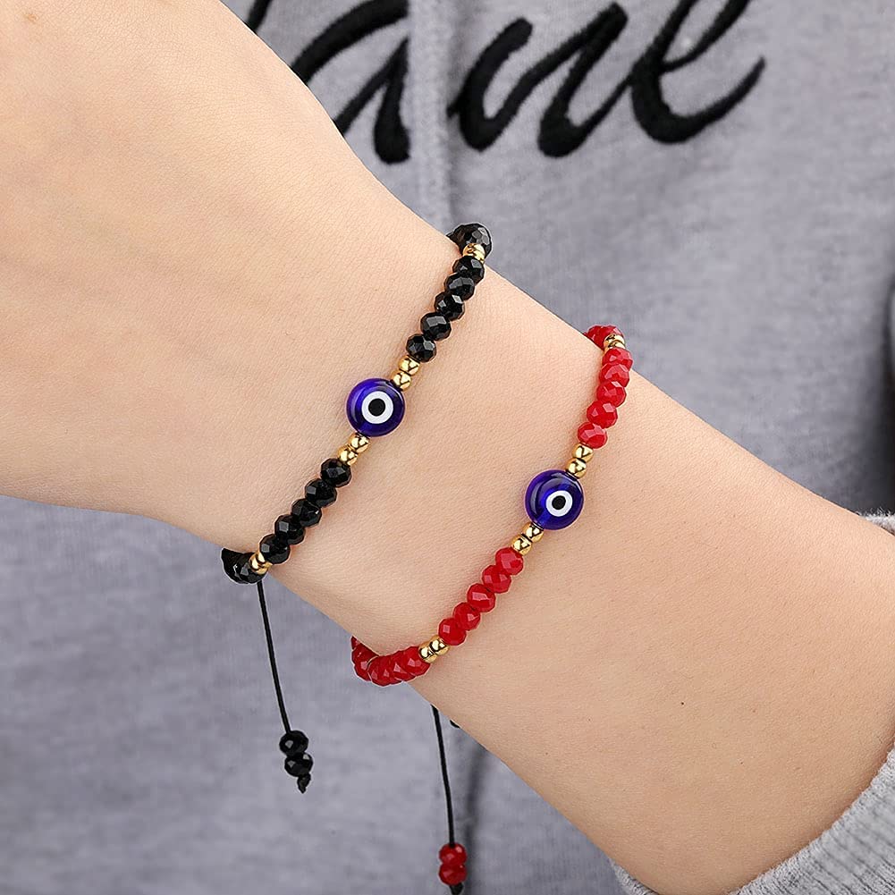 GUSTAVE® Black & Red 2pcs Evil Eye Beaded Bracelets with Blue Sapphire Adjustable String Amulet for Women,Men,Girls & Couple