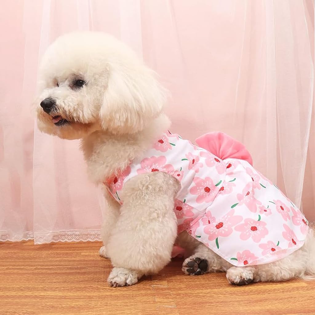 ZIBUYU® Dog Dress for Small Medium Dogs and Cats Cute Floral Print Dog Clothes with Pink Bow Summer Dog Cat Dress Puppy Pet Clothes for Daily, Walking - Size M