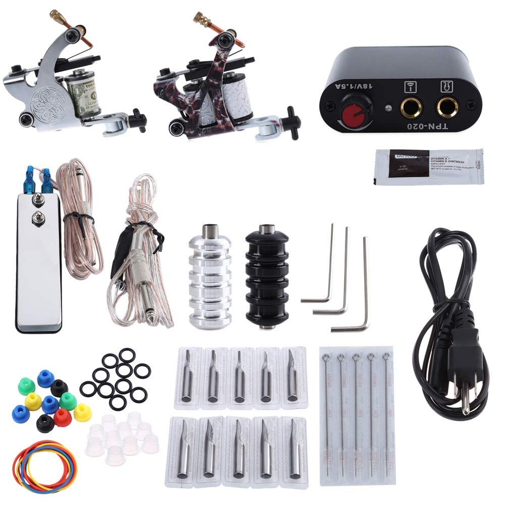 MAYCREATE  Tattoo Machine Set for Beginner 2 Machine Gun Pigment Tips Power Supply Set 5 Needle(Silver and Black, 3 Pin EU Plug