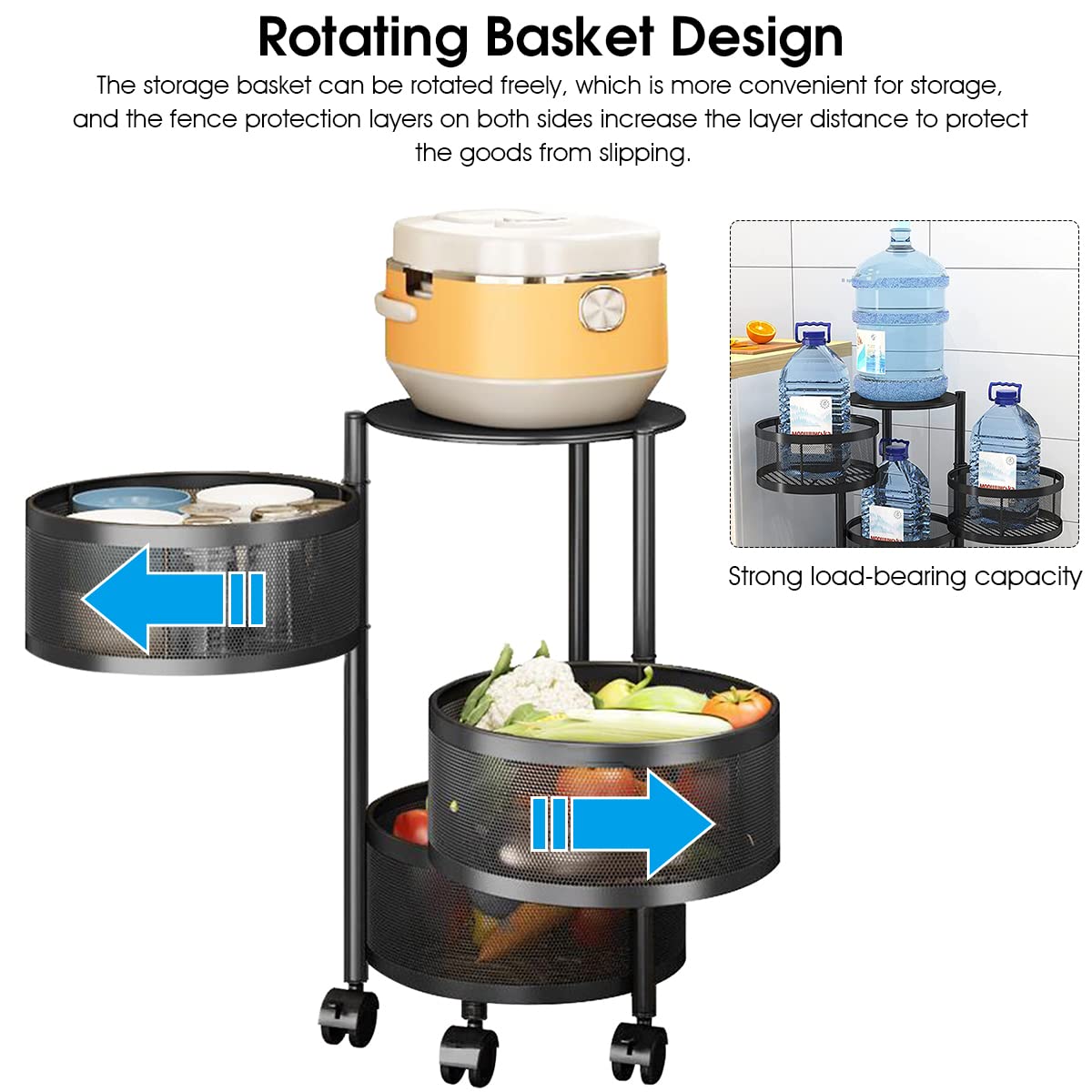 HASTHIP Kitchen Rotating Trolley for Storage with 3 Layer 30cm Mesh Baskets | 360° Wheels